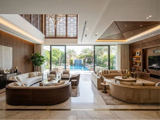 Bespoke double-height Majlis and formal luxury living interior overlooking private pool garden